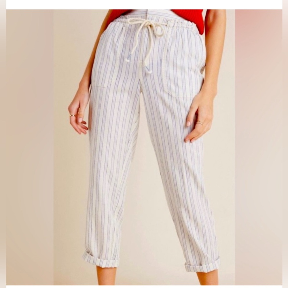 Anthropologie || Seashore Striped Pants Belted Linen Cream Blue Small